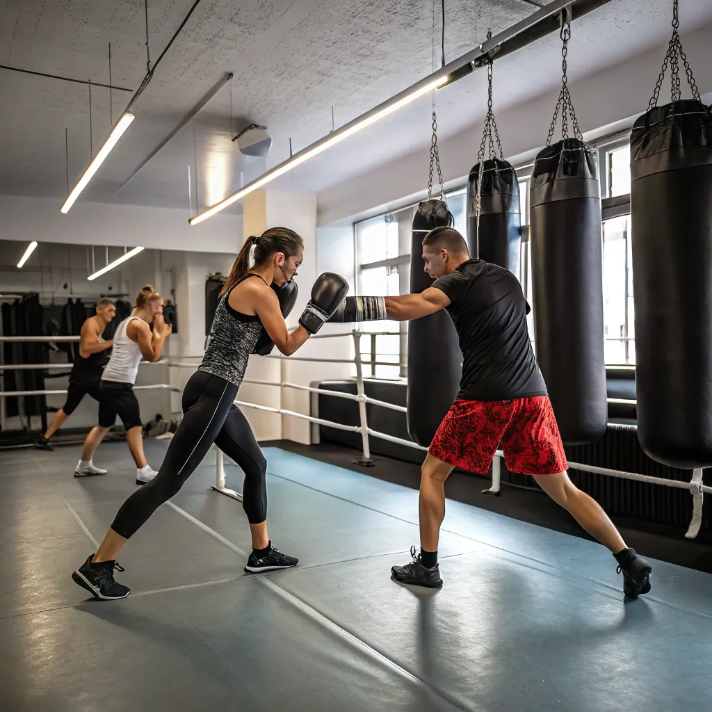 People practicing boxing moves in a training gym