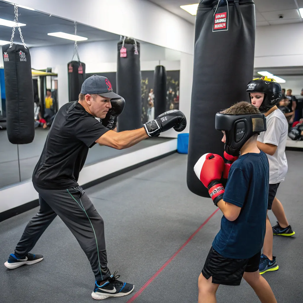 A coach guiding students through intermediate boxing drills