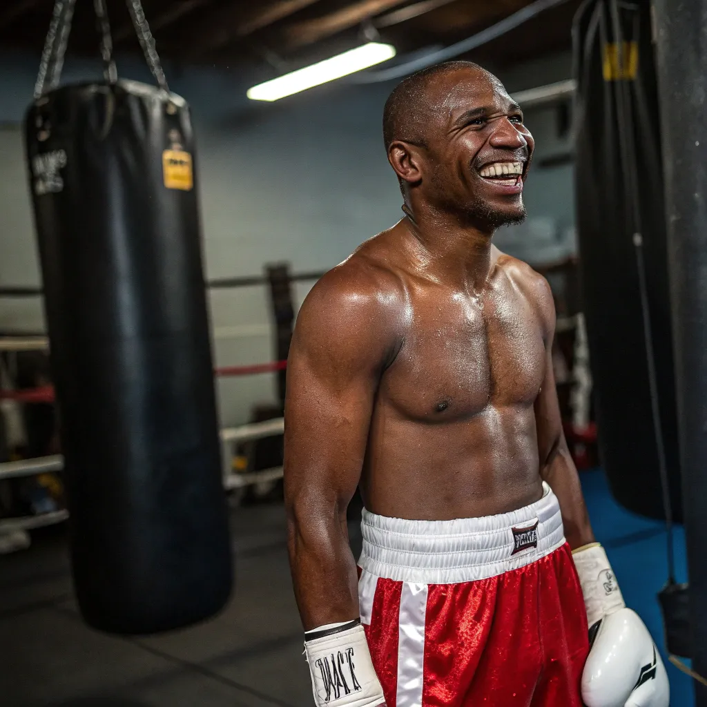 John Doe smiles after a boxing session