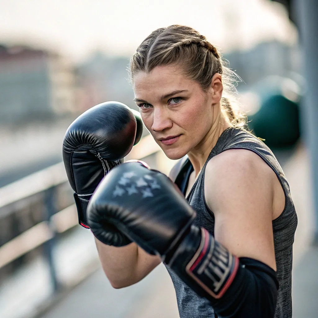 Sarah Jones showing her boxing gloves